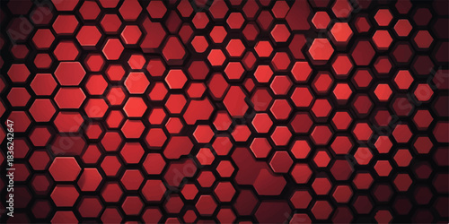 Modern red hexagon grid featuring raised geometric blocks with contrasting black depth and smooth lighting effects.
