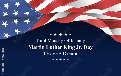 Martin Luther King Day flyer, banner or poster. The third Monday of January is celebrated as Martin Luther King Jr. Day in the United States of America.