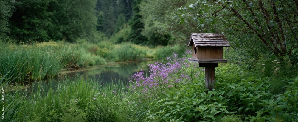 Naklejka premium Wood duck nesting box placed in vibrant marshland habitat full of greenery.