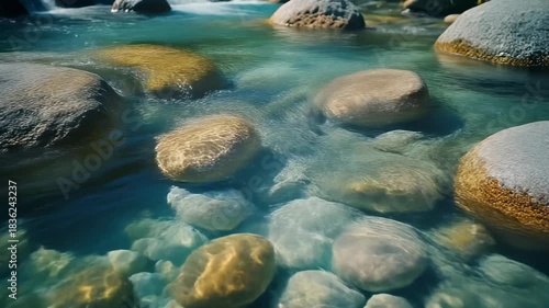 Crystal clear turquoise water flowing over submerged river stones and pebbles in a natural mountain stream environment