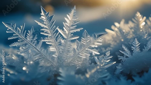 Macro shot of delicate hoar frost crystals illuminated by warm morning sunlight showing intricate ice formations on a cold winter morning.
