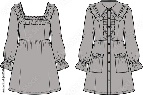 Front and back technical sketch of puff sleeve mini dress with ruffles, square neckline, patch pockets, and gathered cuffs