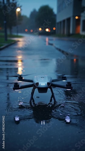 A drone hovering above a rain-soaked street, reflecting in the puddles under dim streetlights and overcast skies