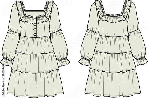 Front and back sketch of tiered long-sleeve dress with ruffles, square neckline, gathered cuffs, and romantic vintage silhouette
