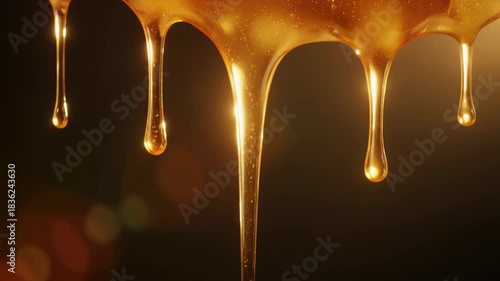 Golden liquid dripping slowly on a dark background. close-up of glossy viscous honey or thick syrup stream and droplets with dramatic lighting.