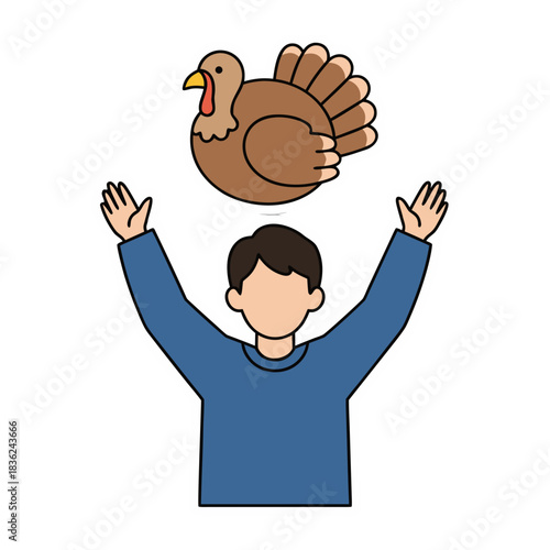 Person with Arms Raised in Celebration Below a Thanksgiving Turkey Graphic Illustration on a Transparent Background Celebrating Autumn Harvest Season Traditions