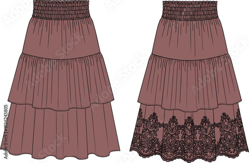 Silhouette of two tiered skirts with elastic waistband, plain and lace detailing, fashion comparison on white background