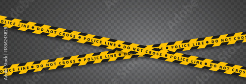 Yellow and black police line tape crossing over a transparent background.