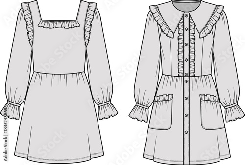 Technical fashion illustration of two dresses with puff sleeves, ruffle details, collar and pocket variations on white background