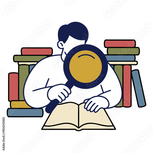 Person examining a book with a magnifying glass in front of a bookshelf full of colorful books, minimalist flat vector art with clean sticker style