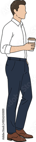 Business casual character, coffee cup, white shirt, lifestyle pose, flat vector, CAD drawing, stylish illustration, relaxed stance, clean design