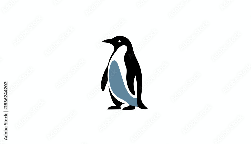 Fototapeta premium Stylized penguin with black and gray plumage standing on a white background.