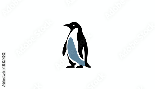 Stylized penguin with black and gray plumage standing on a white background.