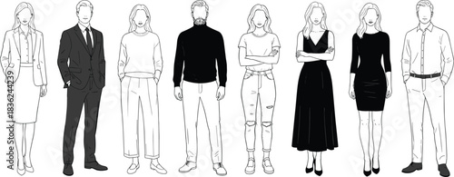 Fashion style illustration, diverse outfit vector, dress code comparison, modern clothing set, cartoon graphic, isolated character design