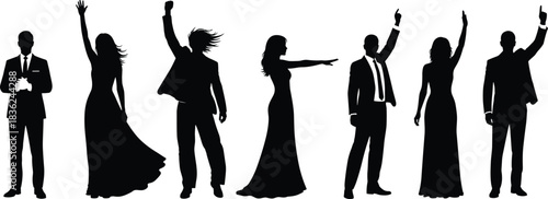 Formal silhouette illustration, elegant attire vector, expressive poses set, celebration scene, cartoon style, isolated graphic, fashion concept