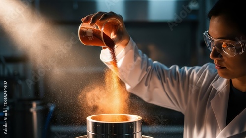 Scientist Pouring Orange Powder in Dark Lab with Goggles