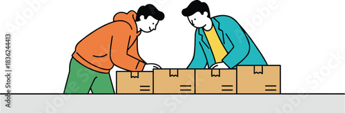 Logistics teamwork illustration, cardboard box inspection, shipping preparation scene, warehouse workers, inventory management, delivery process, vector graphic, isolated