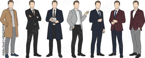 Male fashion illustration, business attire, formal outfits, stylish poses, flat vector, CAD drawing, professional looks, clean design, modern style