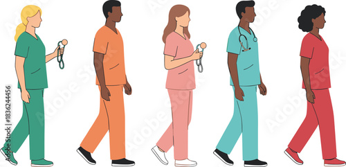 Medical team illustration, healthcare worker vector, diverse scrubs design, cartoon style, walking pose, isolated character graphic
