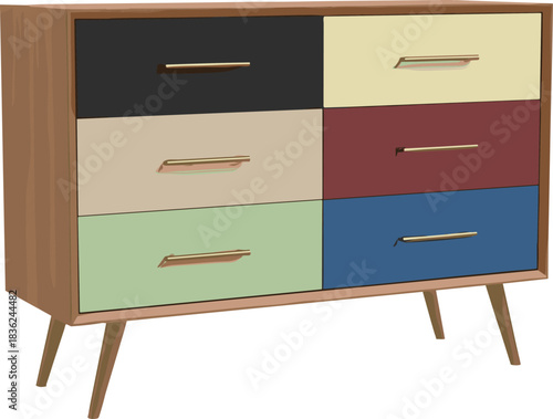 Mid-century dresser illustration, retro furniture vector, colorful drawer design, wood cabinet, cartoon style, isolated graphic, interior decor