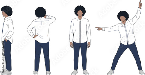 Multi-angle character, curly hair, white shirt, dynamic poses, fashion illustration, flat vector, CAD drawing, stylish design, animation reference