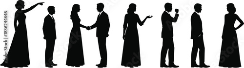 Silhouette social interaction, formal attire, body language, communication gestures, flat vector, CAD drawing, stylish design, group dynamics