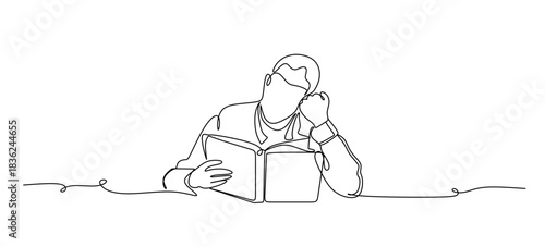Continuous one line drawing of student reading a book. A young boy sit and reading book single line art drawing vector illustration.