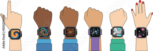 Smartwatch illustration, wearable tech vector, colorful watch faces, wrist device design, modern gadget, cartoon style, isolated graphic