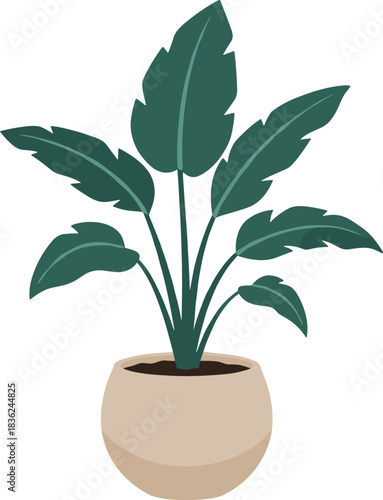 Tropical potted plant, green leaves, indoor decor, flat vector, CAD drawing, stylish illustration, clean design, home furnishing accent