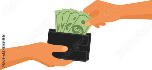 Wallet money illustration, hands with cash, financial transaction vector, budgeting concept, spending scene, cartoon style, isolated graphic