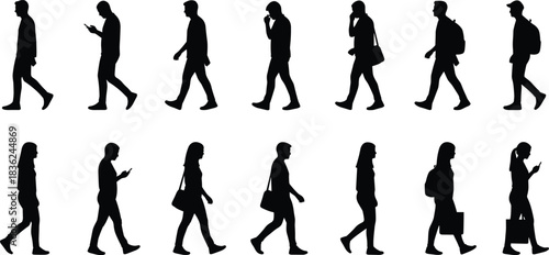 Walking silhouette illustration, human motion vector, everyday activity poses, urban behavior graphic, cartoon style, isolated character design