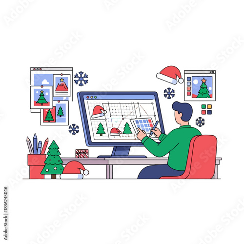 Professional illustrator character creating a vibrant Christmas seamless pattern on a large computer screen, using flat vector shapes and mood boards in a wide 2D vector scene.