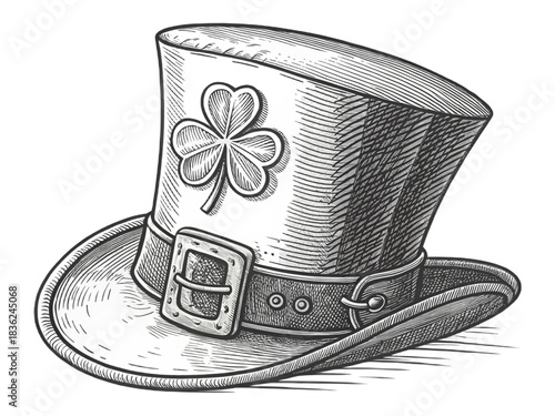  Vintage leprechaun hat with buckle and shamrock in engraving style for st. patrick's day design on transparent background 