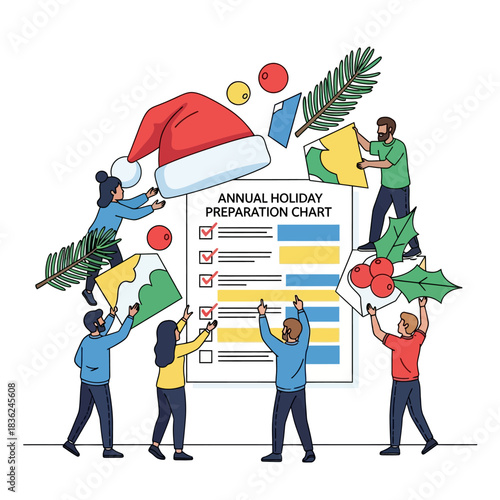 Four diverse characters assemble a wall-mounted holiday checklist in a vibrant 2D vector illustration, utilizing large floating Christmas symbols like Santa hats and holly.