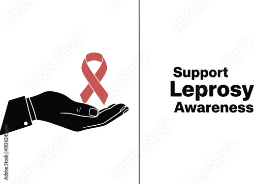Support leprosy awareness red ribbon in hand medical health charity concept world leprosy day graphic