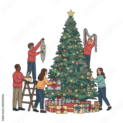 Vibrant flat 2D vector scene depicting a diverse group of four adults collaboratively decorating a massive Christmas tree with vintage glass ornaments and presents stacked underneath.