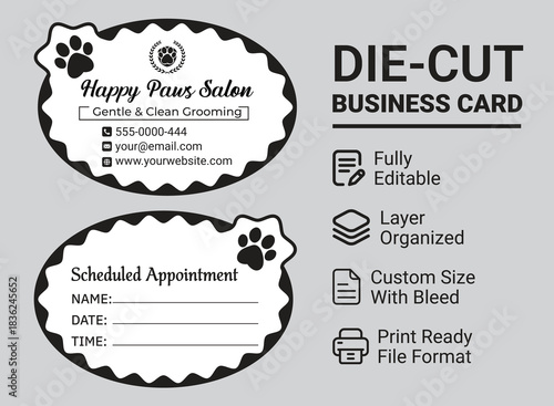 Editable Pet Salon Die-Cut Visiting Card Design for Groomers