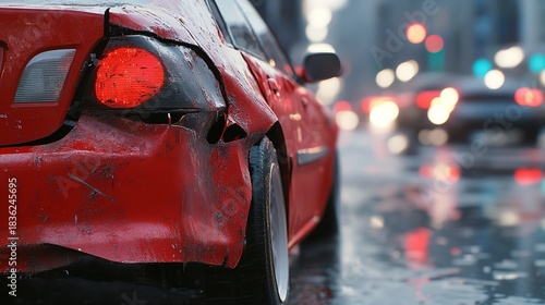 Wallpaper Mural Red Damaged Car on Rainy City Street High Detail damages Scene Photography Torontodigital.ca