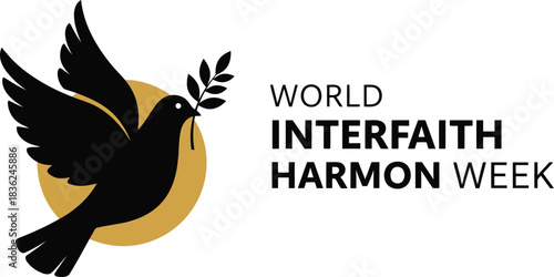 Dove of peace with olive branch world interfaith harmony week text symbol of unity and understanding