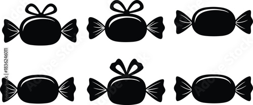 Candy silhouette collection, black sweets, wrapped treats, bow design, minimal, graphic, isolated, white background, confectionery, cute, stylized, snack, sugar, decorative, sweet shape