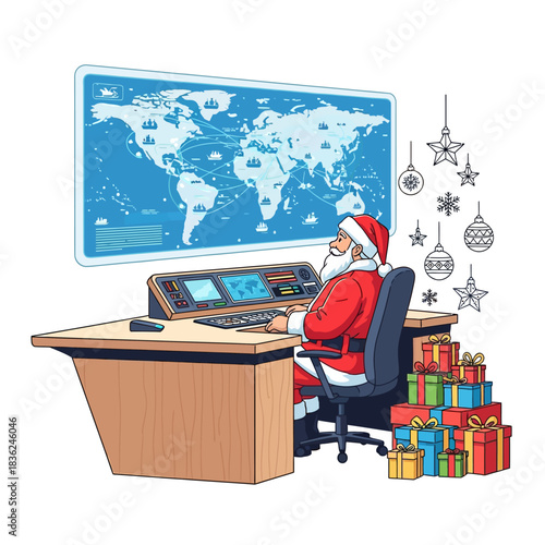 Ilustrasi vektor 2D Sinterklas di meja komando modern, memeriksa peta digital rute pengiriman global, dikelilingi hadiah dan ornamen, dengan ruang salinan.