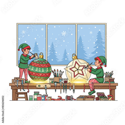 Cheerful elves in a cozy holiday workshop decorating massive Christmas baubles with crafting tools, adding painted stars and colorful candy canes.