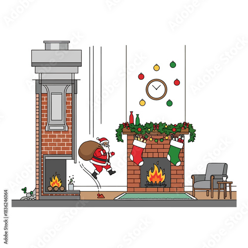 Ilustrasi vektor datar 2D detail penampang melintang: Sinterklas ceria meluncur dari cerobong ke ruang tamu Natal berdekorasi stoking, karangan bunga, dan perapian bercahaya.