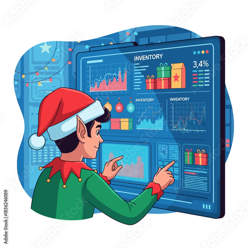 Ilustrasi vektor datar 2D menampilkan peri pemasaran digital bertopi Santa menganalisis data penjualan dan inventaris Natal di layar futuristik besar dalam pusat data yang terang.