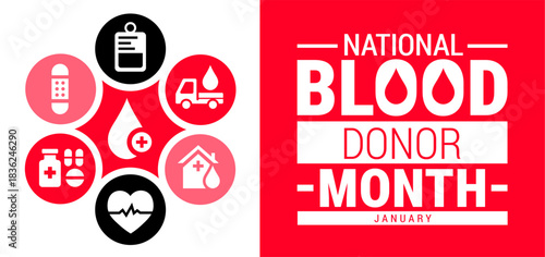 blood donor month background, banner, card or poster design template is observed every year during January, to raise awareness about the mission. Vector illustration.