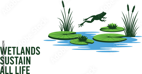 Wetlands sustain all life frog jumping in pond with lily pads reeds environmental awareness graphic