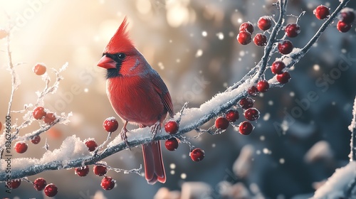 Wallpaper Mural Winter Cardinal Bird Sitting on Snow Covered Berry Branch in a Calm Frosty Forest Torontodigital.ca