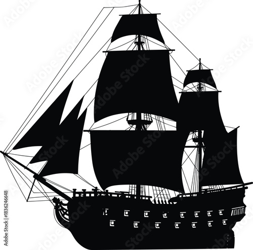 Historic sailing ship silhouette, black galleon icon, naval warship vector, editable stroke, maritime design, ocean adventure graphic