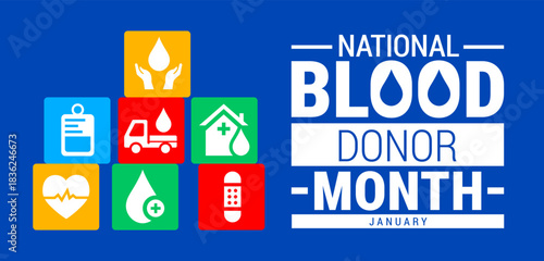 blood donor month background, banner, card or poster design template is observed every year during January, to raise awareness about the mission. Vector illustration.