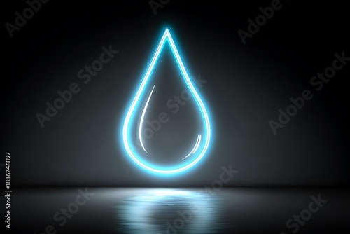 Neon blue water drop symbol glowing in dark